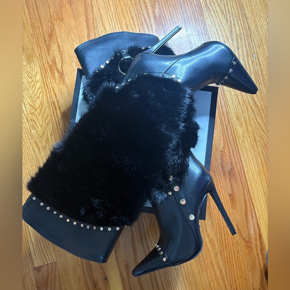 Azalea Wang Studded Faux Fur Stiletto Boots — Black — Glam Statement Heels w/Box - Picture 2 of 6